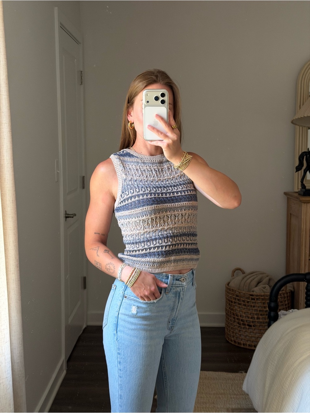 Zara Blue and Cream Striped Knit Tank